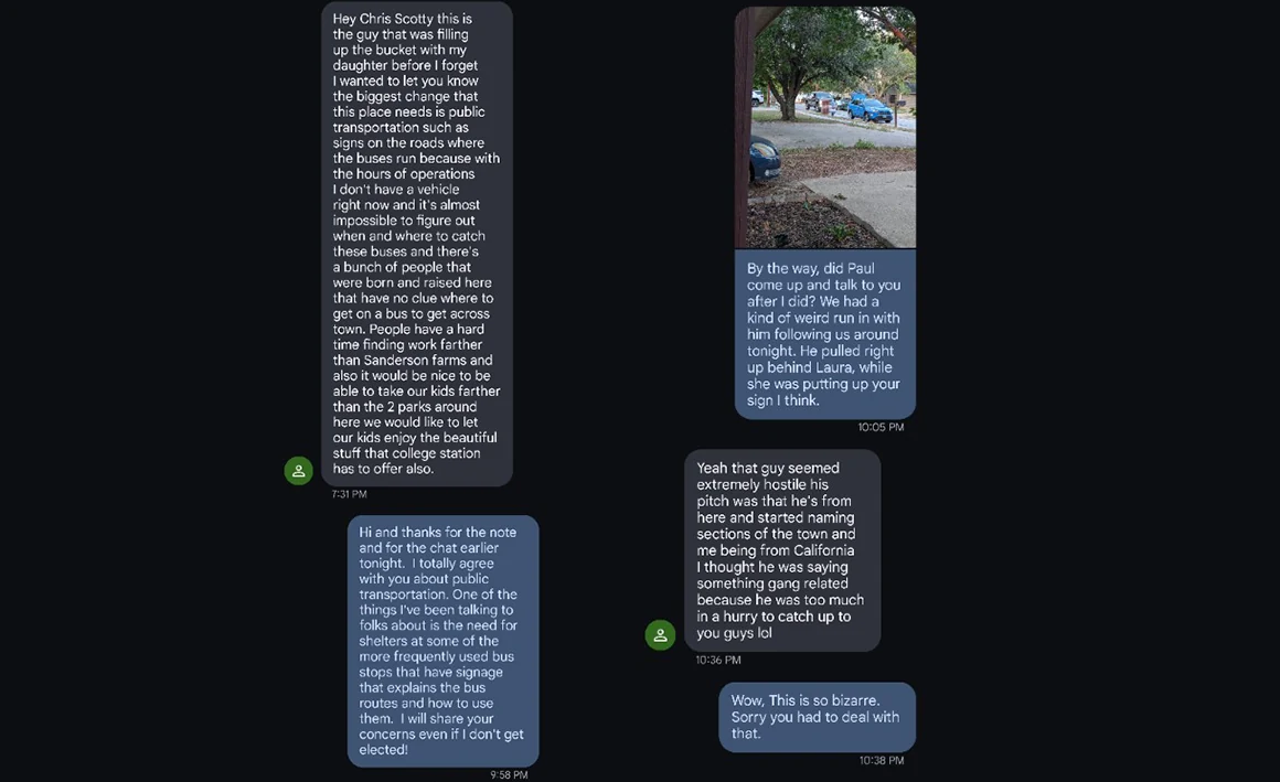 Text conversation supplied with the letter, discussing campaign sign placement and an interaction with a resident.